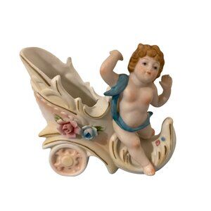 Antique Porcelain Baby Shoe Chariot Cart Figurine Cherub